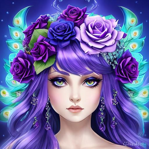 peacock fairy goddess, purple roses, facial closeup | OpenArt