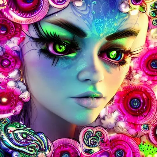 Prompt: daddy's little monster, blue eyes, open bubbles, metal, huge full lips, color, flowers, ornate, intricate, flowing, neon, led, fractals, hyper-detailed, 64K, UHD, HDR, unreal engine, vivid colors, beautiful, ocean background