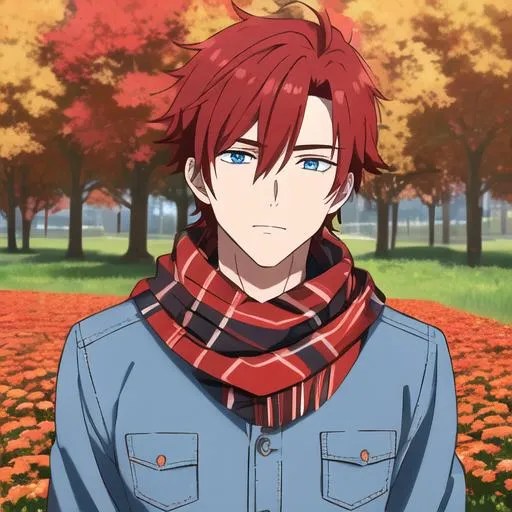 Prompt: Zerif 1male (Red side-swept hair covering his right eye, blue eyes), highly detailed face, UHD, wearing a cozy flannel shirt and a pair of stylish jeans. In the park, fall.  wearing a scarf, looking up at the sky, in a pumpkin patch,  young adult. Handsome,  detailed, UHD, HD, 4K, highly detailed, red haze, masculine