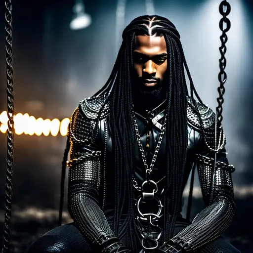 Prompt: Full length Beautiful braided long hair black man sitting down wrapped in big heavy metal slave chains, handcuffs cinematic lighting, realistic, super detailed, confident