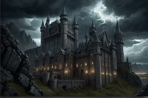 Prompt: Warhammer RPG-style illustration of a massive castle, detailed stonework and towering spires, ominous stormy sky, high-quality digital painting, dark fantasy, gothic architecture, dramatic lighting, epic scale, menacing atmosphere, atmospheric lighting, detailed textures, fantasy, RPG, sinister tones, intricate details, by square