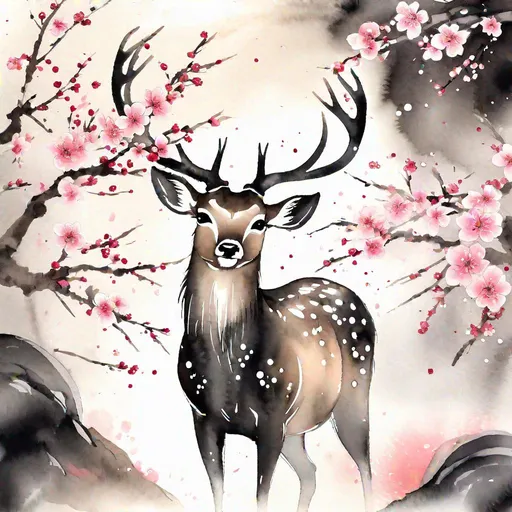 Prompt: Traditional Japanese sumi-e watercolor, deer, black colors, big emotional eyes, cherry blossom shrine background, highly detailed, concept art, best quality, masterpiece 