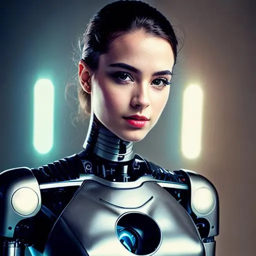 Prompt: Techno magic female robot, portrait, realistic, half body shot, sharp focus, elegant
