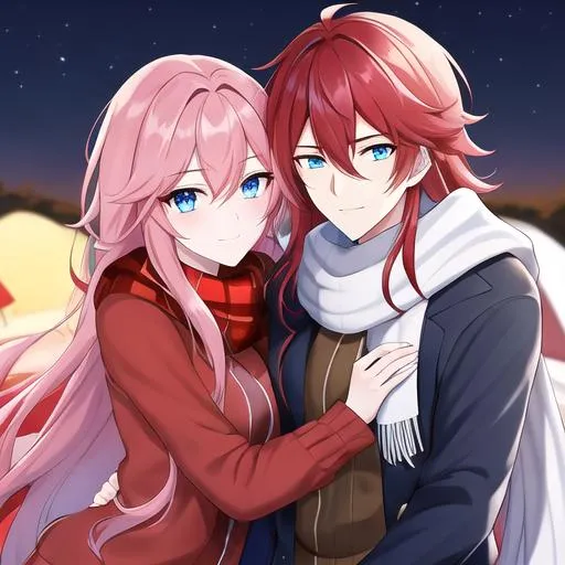 Prompt: Zerif 1male (long Red side-swept hair covering his right eye, lively blue eyes), highly detailed face, 8K, UHD, On a date with Haley hugging her, Camping. Wearing a cozy sweater and scarfs