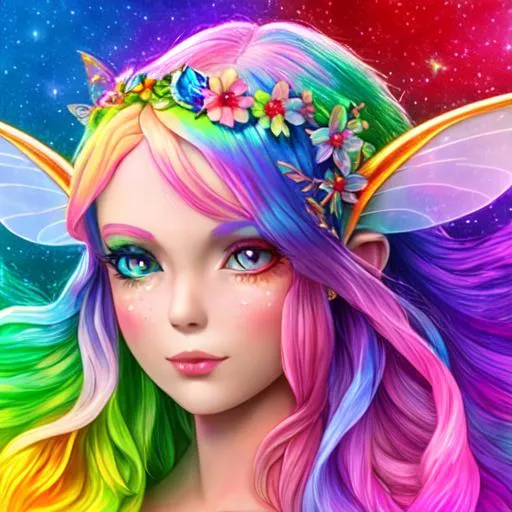 Prompt: fairy goddess, rainbow colors, closeup