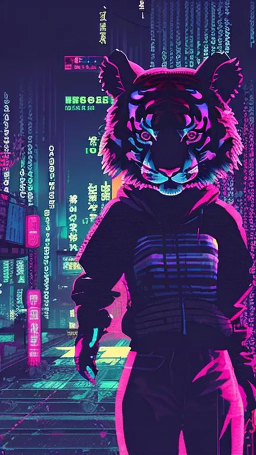 Prompt: Yuriko, the Tiger’s Shadow, Lo-fi aesthetic, glitch-art, darkwave, cyberpunk setting