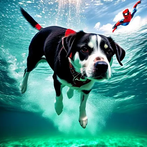 Prompt: A dog mixt with spiderman under water