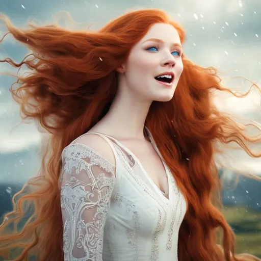 Prompt: beautiful Norse woman with long red hair in a white dress, brushing hair, singing