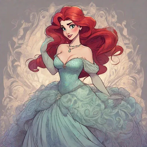 Prompt: Vivid, detailed, Disney art style, full body, Ariel Disney Princess, Hair part on left side, lacey gown, evil smirk, visible cleavage