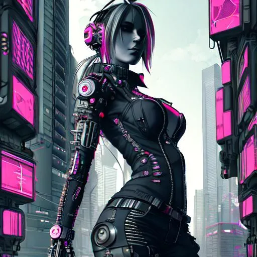 Prompt: detailed full body, rocker, female, cyberpunk, futuristic, fine details, realistic shaded, looking off into a city scape, grunge, dark, griddy