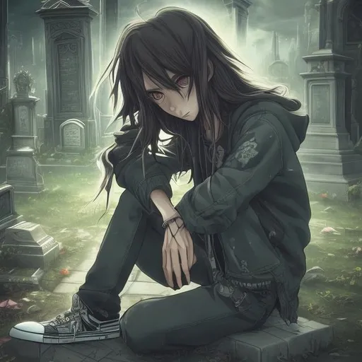 Prompt: 30-year-old skateboarder with long brown hair, sitting in a cemetery, anime, detailed hair, serene atmosphere, cool tones, atmospheric lighting, professional, high quality, detailed background, realistic anime, urban gothic, detailed eyes, green eyes, detailed clothing, peaceful ambiance, cool shadows, apparitions in the background, ghost, 