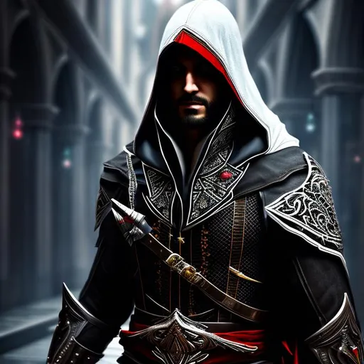 Prompt: a fullbody portrait of 1man wearing assassins creed hood and vampire fashion, anthropomorphic, intricate detail, high quality, high quality, digital art, [{human anatomy}]
