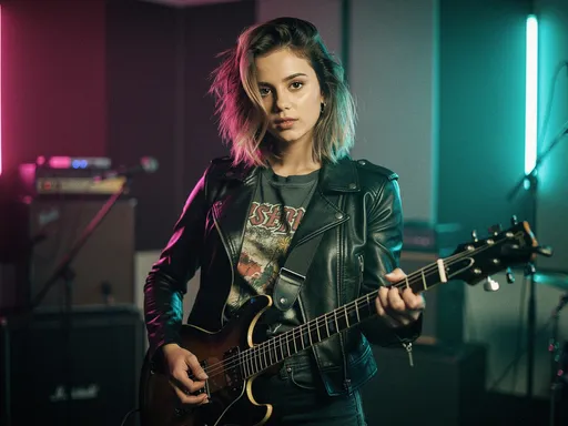 Prompt: A photorealistic portrait of a young female rock musician in her early 20s, with a fresh, youthful face and messy, stylish hair. She has a confident, rebellious but approachable expression. She is wearing a modern black leather jacket over a vintage band t-shirt, holding an electric guitar casually. The background is a blurred, dimly lit rehearsal studio with neon accents. Shot on 35mm film, cinematic lighting, highly detailed, realistic texture, 8k. --ar 4:5