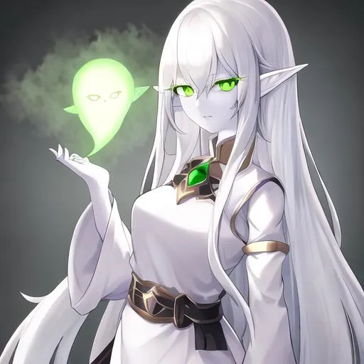 Prompt: female ghost (long white hair, pale skin, glowing green eyes, elf ears)