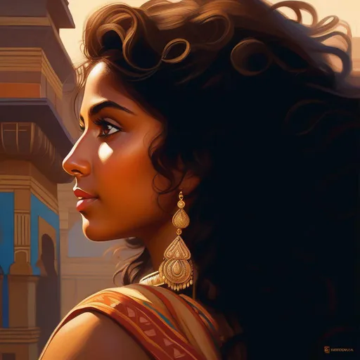 Prompt: Third person, gameplay, Indian girl, tan skin, curly brown hair, brown eyes, 1970s, Mumbai, golden atmosphere, cartoony style, extremely detailed painting by Greg Rutkowski and by Henry Justice Ford and by Steve Henderson 