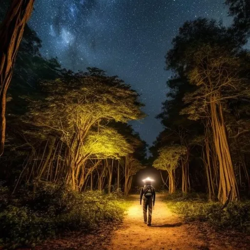 Prompt: walking alone in a big forest under a starry night with physics equations all around the place