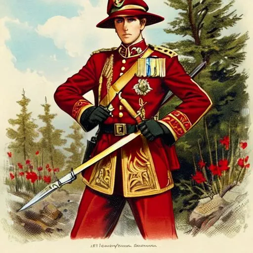 Prompt: An Elven soldier wearing a red and gold world war 1 style german general's uniform, wielding a combat knife in his left hand.