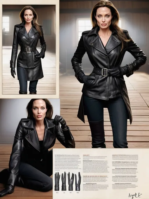 Prompt: photorealistic  Angelina Jolie, detailed face, high-quality, professional, detailed eyes,  realistic, intense gaze, celebrity, professional lighting, detailed facial expression, high resolution, wearing leather coat, gloves, very tall buckle boots on wooden floor,  intricate details, realistic skin tones, professional photography