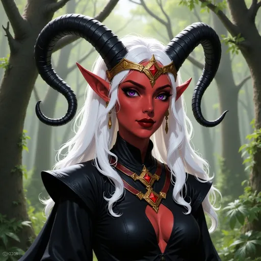 Prompt:  @p2CZMES7VK5y7B1QsEFp white hair, large crown, lots of jewelry, horns curved down, black clothes, lush forest