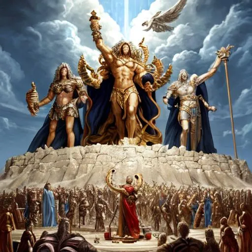 Prompt: The gods of mankind gather against the God of heaven and earth. Photorealistic. Hyperrealistic.