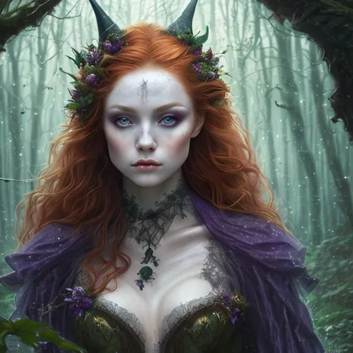 Prompt: Detailed and mystical portrait of a charming witch with ivory clear skin, redhead hair and deep purple eyes. Gorgeous female body, she wears rich green dress, night light, forest, dramatic, charming pose, frontal, magical, fantasy, 8k, high detailed, dramatic light