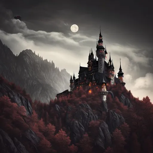 Prompt: {{Dracula’s castle}} {{illustration, landscape, bats, black and red}} {{best quality, meticulously detailed, best quality}}