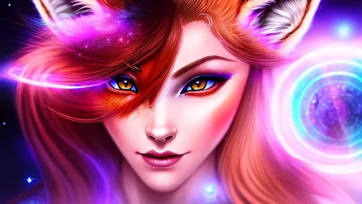 Prompt: Fox girl, woman, girl, fox, lady, fox woman, fox lady, female, female fox, fox female, long white hair, blood red eyes, midnight sky, {{{Hyper detailed}}}, {{{Photorealistic}}}, {{{Hyper realistic}}}