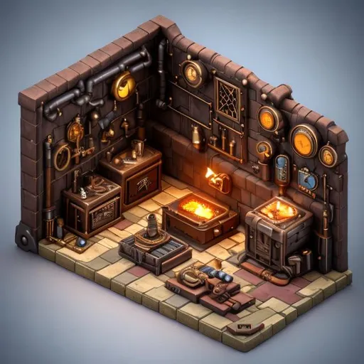 Prompt: cute isometric steampunk forge and anvil in middle, cutaway box, fantasy, highly detailed, made with blender --v 4