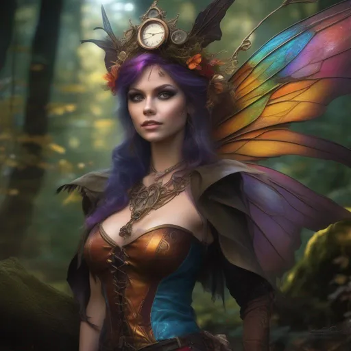 Prompt: Epic. Cinematic. Shes a (colorful), Steam Punk, gothic, witch. spectacular, Winged fairy, with a skimpy, ((colorful)), gossamer, flowing outfit, standing in a forest by a village. ((Wide angle)). Detailed Illustration. 8k.  Full body in shot. Hyper real painting. Photo real. A (beautiful), shapely, woman with, ((anatomically real hands)), and ((vivid)) colorful, ((bright)) eyes. A ((pristine)) Halloween night. (Concept style art). 