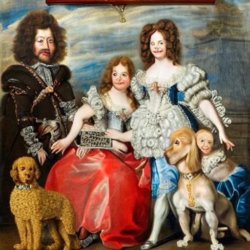 Prompt: Family portrait in the style of Rubens of a man and woman living in 1644 in the court of Louis XIV with their Poodle
