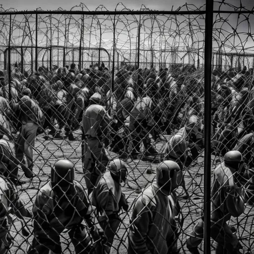 Prompt: prison riot, attack, huge, crowded, barbed wire, prison,  jungle
