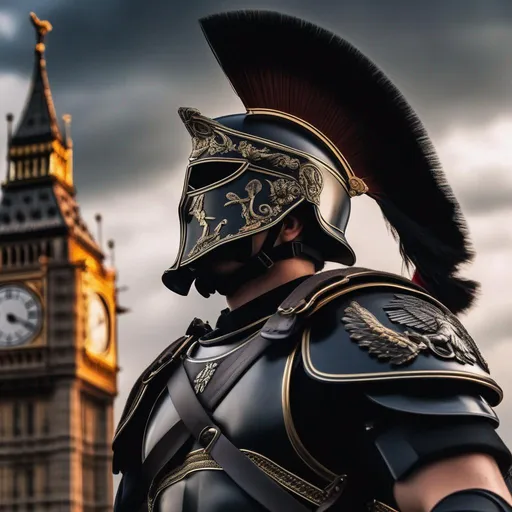 Prompt: A modern roman military male in black military armor galea helmet of roman armor, with a gunfire and gas mask, background Battle in London, UK, Hyperrealistic, sharp focus, Professional, UHD, HDR, 8K, Render, electronic, dramatic, vivid, pressure, stress, nervous vibe, loud, tension, traumatic, dark, cataclysmic, violent, fighting, Epic