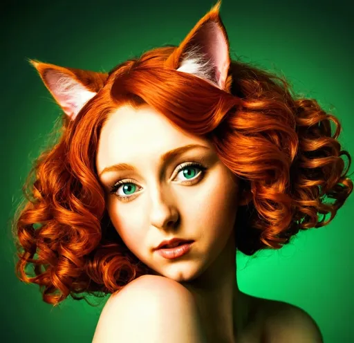 Prompt: Realistic, women with cat ears, tail, full long red curly hair, SIDE PROFILE, various poses, intense gaze, detailed anatomy, detailed green eyes, realistic skin texture, very low light, detailed hair, professional, highres, panting, detailed skin texture, low light, professional, realism, detailed hair