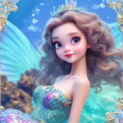 Prompt: Cute lady, AI, glossy skin, 8K, fined features, animated lady, wearing birthday frock, curly hair and fair skin, fairy tale, mermaid theme, full picture sea side, fine hands and body