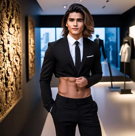 Prompt: an attractive long-haired 19-years old man with a six pack abs wearing a crop top black suit and tie, hands on hips, looking around the museum