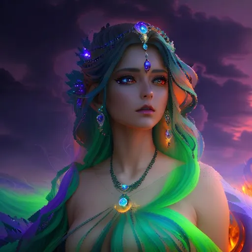 Prompt: Serene, Magical, Fantasy, Epic cinematic, Vivid, 3D HD Beautiful [{one}{Goddess}Female liquid smoke, Beautiful big reflective eyes, long flowing hair, beautiful hands]::2, expansive molten background, hot, freeform colorful chaos, hyper realistic, 8K --s98500