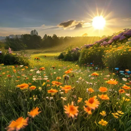 Prompt: A bright sunrise in a green meadow full of flowers with a few clouds in the sky