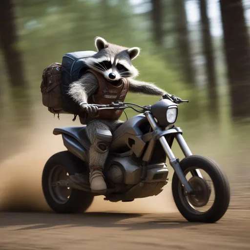 Prompt: A humanoid Racoon riding a bigtrail motorcycle. realistic photography