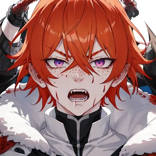 Prompt: Erikku male adult (short ginger hair, freckles, right eye blue left eye purple) UHD, 8K, Highly detailed, insane detail, best quality, high quality, covered in blood, covering his face with his hand, wide eyes, insane, fear, threatening, laughing, angry, fighting, psychopathic, anime style