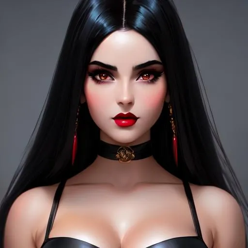 Prompt: matte black lips, black hair. loli, Jessica Rabbit, make up, gorgeus, beauty, cover girl, hot babe:10, Greg Rutkowski, John William Waterhouse, (vibrant colors:4), full hd, high quality, 4k, trending on artstation, oil painting, symmetrical, intricate, highly detailed, concept art