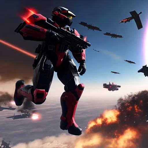 Prompt: Black and red halo odst jumping from halo pelican gunship over battlefield in sky with halo battleship flying in background shooting battlefield