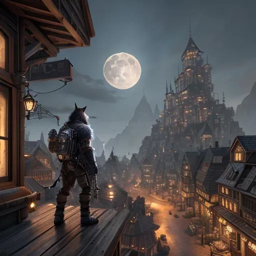 Prompt: epic highly detailed, epic surreal art, realistic picture, small dieselpunk village,( a werewolf-man on the roof by fullmoon)++, reflective surfaces, hyper realistic Photorealism, high LOD, Octane render, 4K, Unreal Engine, sharp focus, Extremely Detailed, Digital Painting, photorealistic, highly detailed, lifelike, highly detailed, intricate, octane render, final improvement, add finisch.