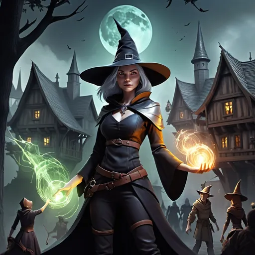 Prompt: book cover art, book 2: 
The Witch’s Return
Setting: Ashen Hollow, thriving town
Protagonist: Elara, protector
Theme: Teamwork, community strength
Conflict: Vengeful sorceress, dark magic
Plot Points:
Preparing for battle
Strengthening bonds
Facing shadows
Elara’s magical growth
Visual Elements:
Sorceress figure
Protective wards
Light and dark contrasts
Friendship and unity imagery