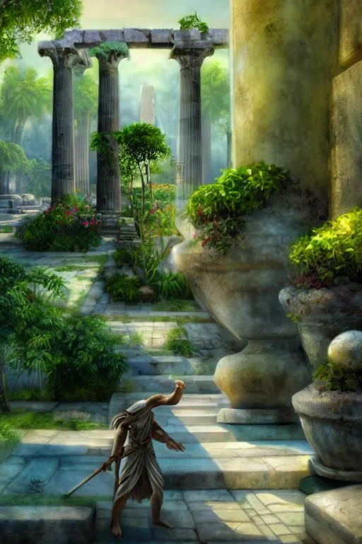 Prompt: Gardens of Elisium from Greek Mythology, long shot angle, pedrominance of white is gold, garden background, nature mixed with greek ruins, focus on the environment, by Alejandro
Burdisio, oil paint style, DnD style, Dreamcore style, HDR, UHD, 64K, Highly detailed, trending on
artstation, unreal engine, Vivid Colors, High resolution scan