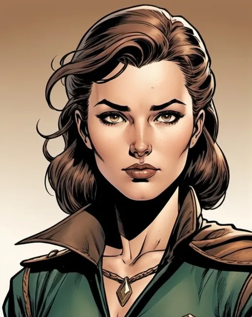 Prompt: Silk screen comic book illustration Polish-American female, with humble expression, dressed in medieval ranger garments, medium length chocolate brown hair, amber colored eyes 1960 retro comic book style.