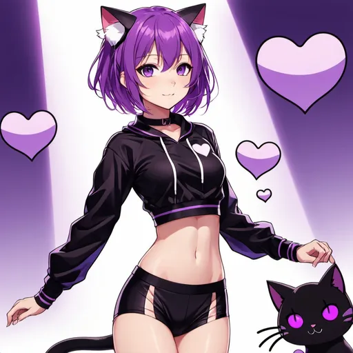 Prompt: cute,anime,purple hair,cat girl,sweat shirt(black, with a purple line,crop top), collar(cat head out line), cute, fang, purple eyes, purple tail, Nekomata Okayu,anime style,straps
, body showen,in love,love,floating hearts,shorts, full body pic, all of the body in the pic,happy