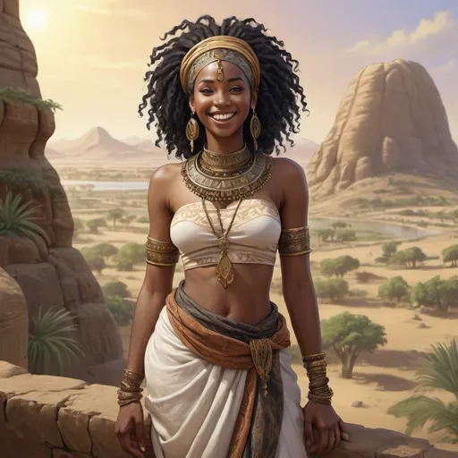 Prompt: Full body, Fantasy illustration of a nubian woman, 26 years old, amused expression, traditional garment, curly black hair, high quality, rpg-fantasy, detailed, nubian landscape background