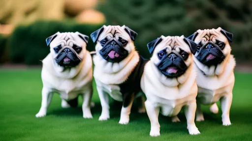 Prompt: Multiple pug dogs smiling on a suburban lawn