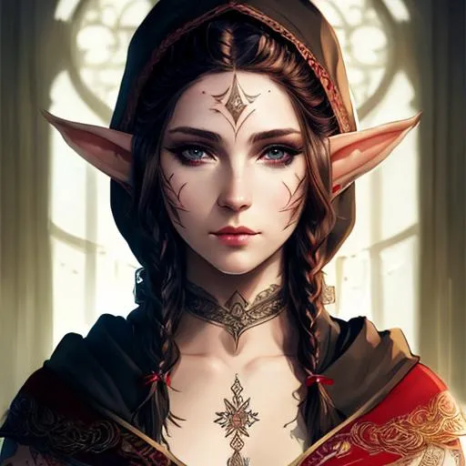 short braided hair, caplet and hood, female elf, tat...