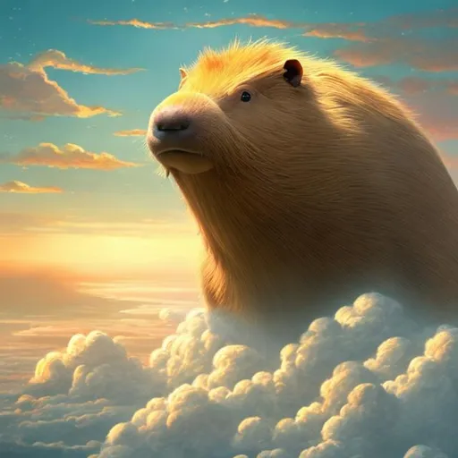 Prompt: Giant Capybara God looking down From a Cloud on a Big City